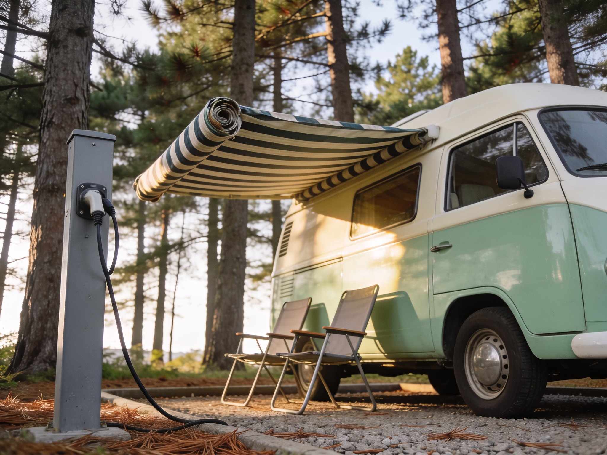 A cream and mint-green vintage campervan with a striped awning and two folding chairs on a gravel pitch under tall pines, plugged into a grey electric hook-up post