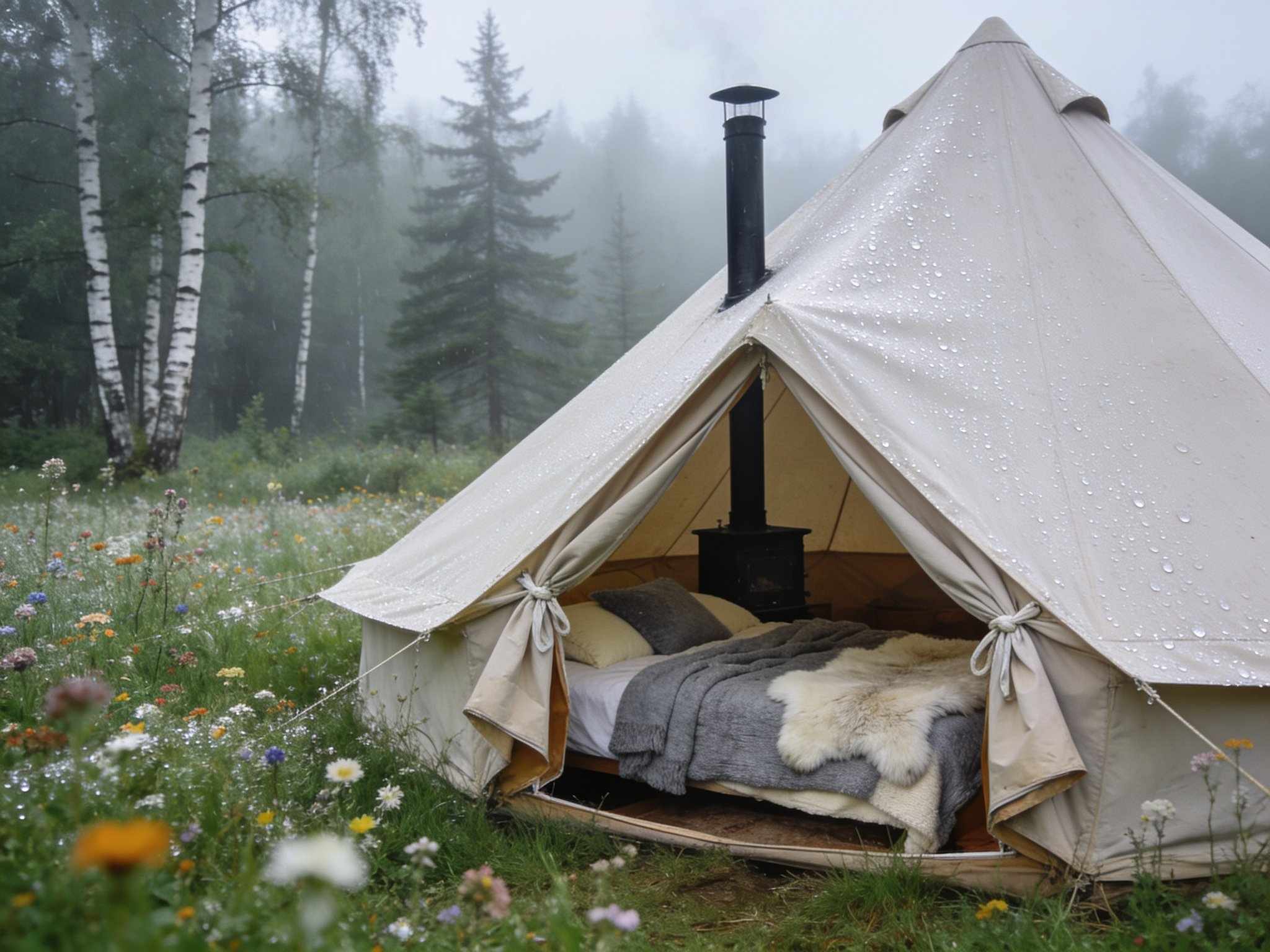 A canvas bell tent in a misty wildflower meadow with its door tied open onto a bed of grey wool blankets and a sheepskin, a wood-stove chimney rising through the roof