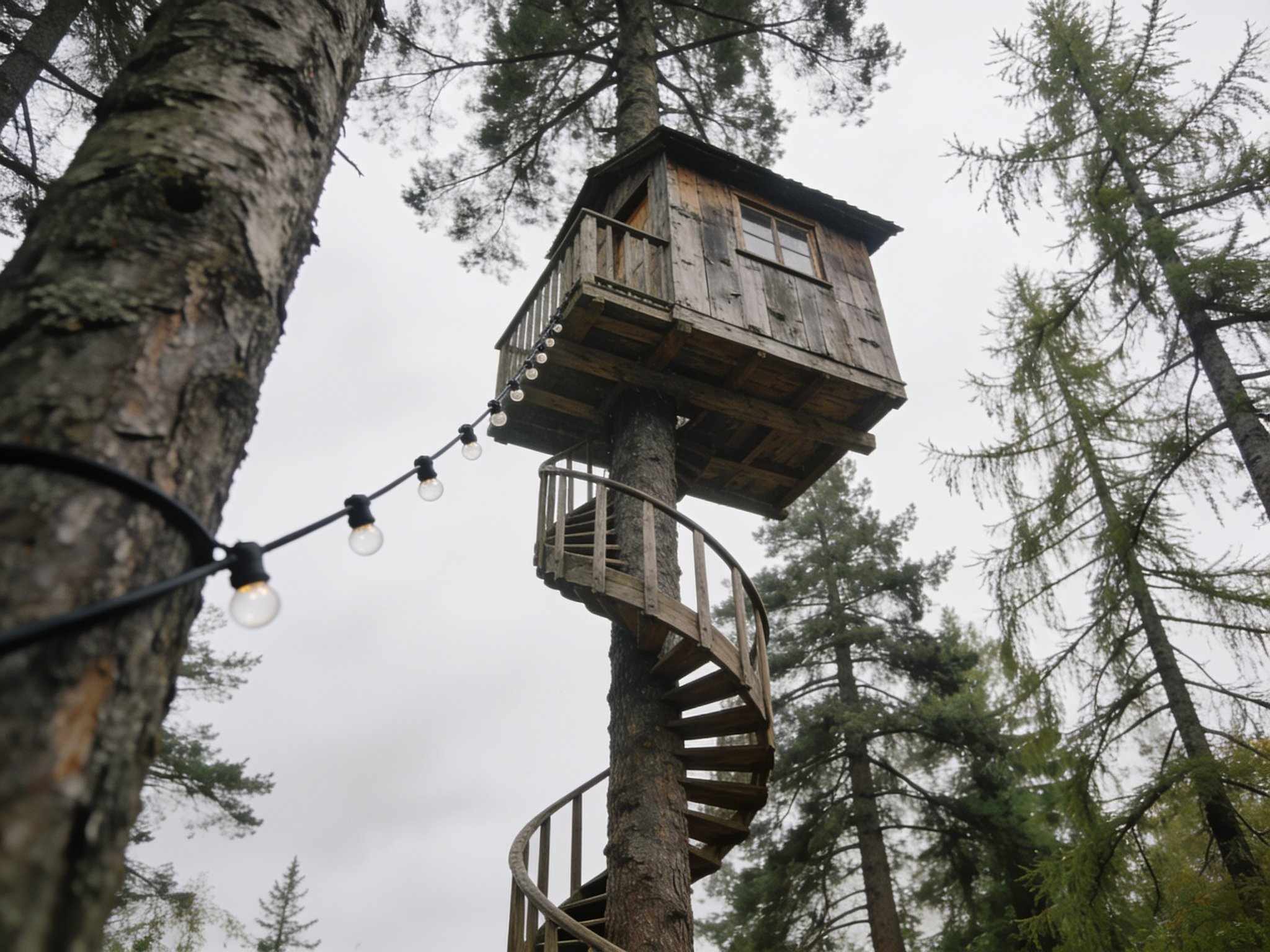 Looking up past a pine trunk at a small weathered wooden treehouse on a platform high in the pines, reached by a spiral staircase, with unlit string lights against an overcast sky