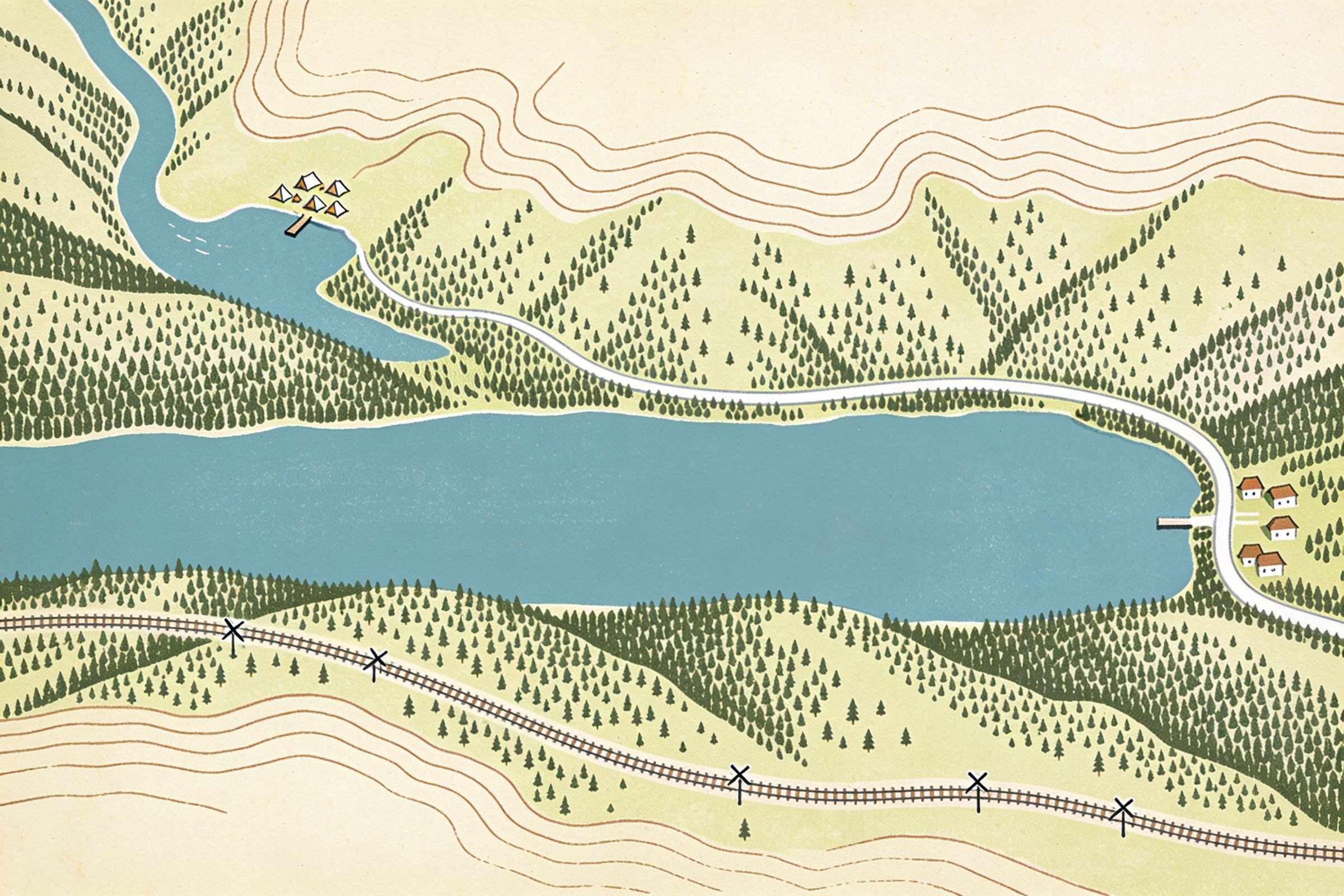 Illustrated map of a long valley lake fed by a river, with a road running from a small village at its east end along the north shore to a cluster of tents and a jetty