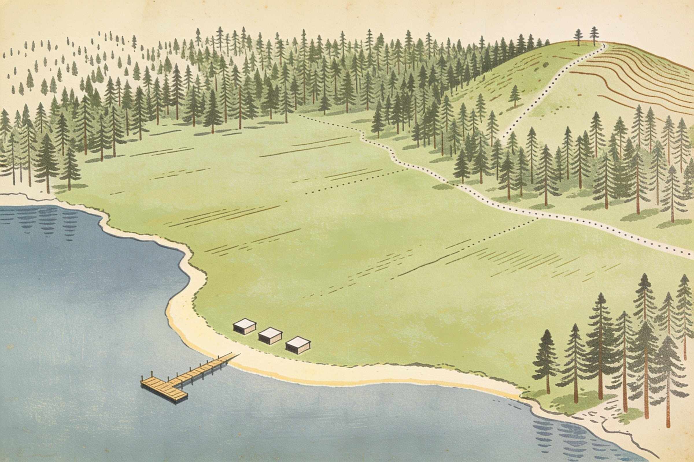 Illustrated map of the campground: the lake along the left and bottom with a sandy beach and a jetty, three small buildings on the shore, open meadows with dotted paths, and pine forest rising to a hill at the top right