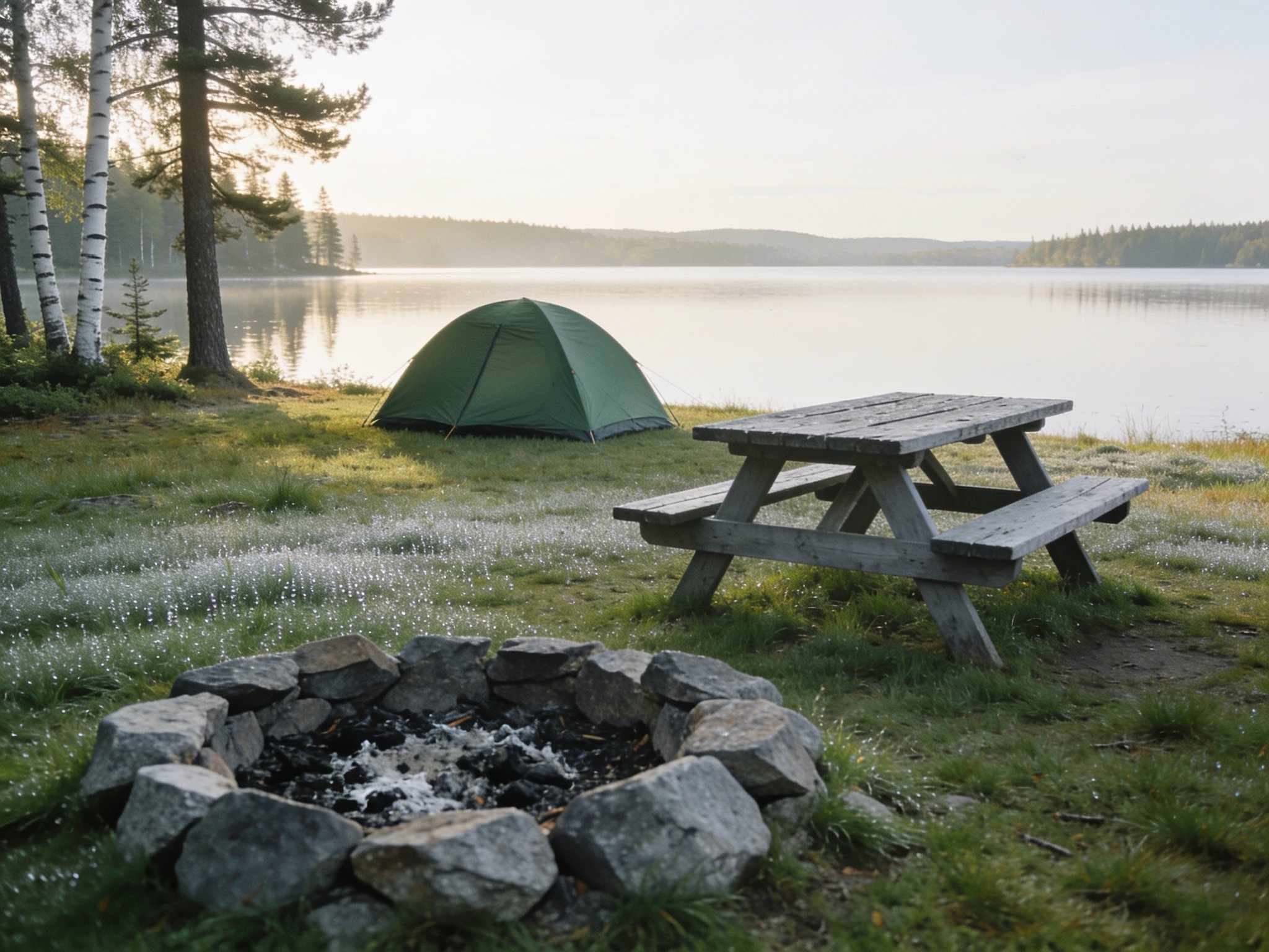 A green dome tent on dewy grass beside a calm lake, with a stone fire ring in the foreground and a weathered wooden picnic table in early morning light
