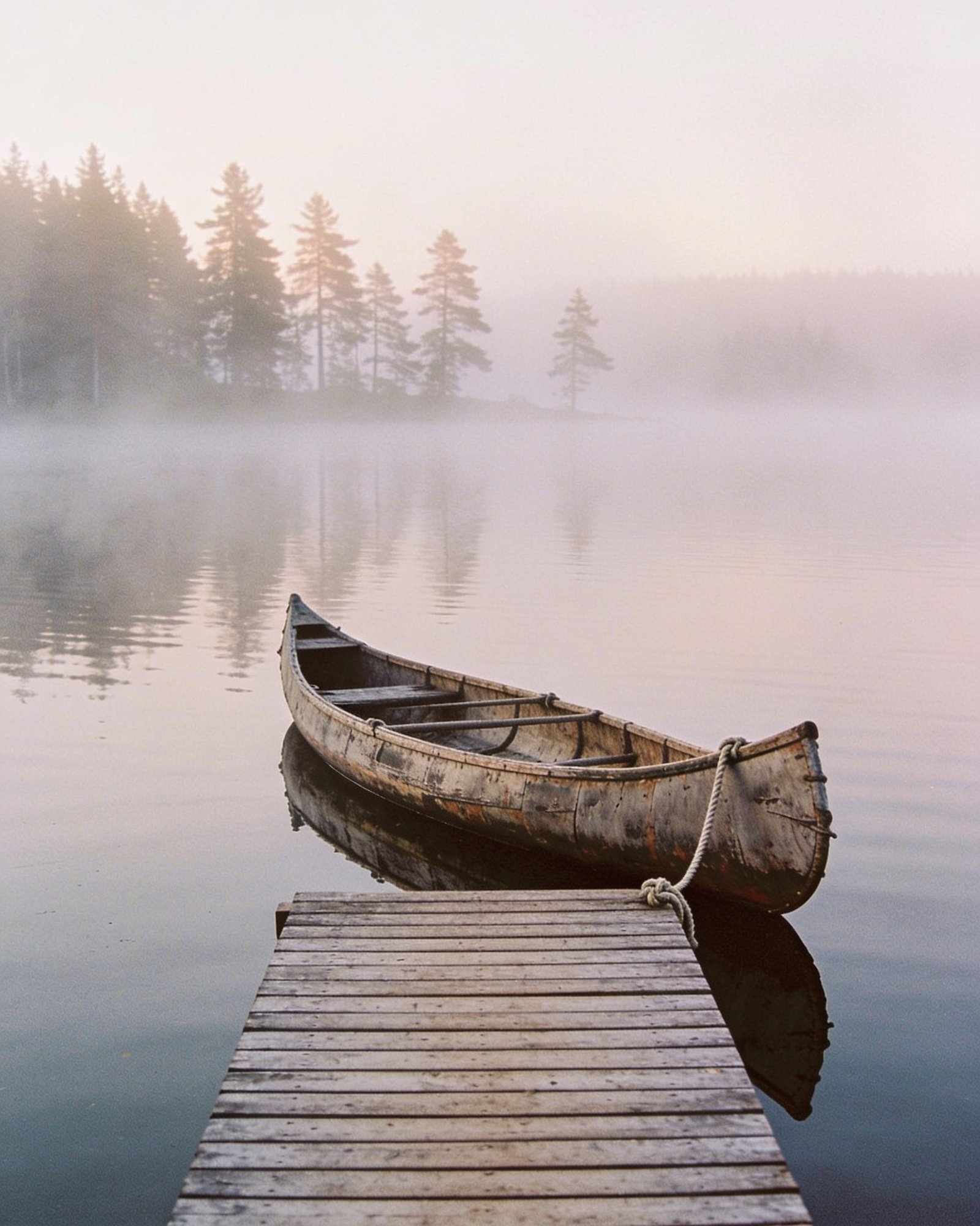 An old weathered canoe tied to the end of a small wooden jetty on a still lake, with pines fading into the morning mist