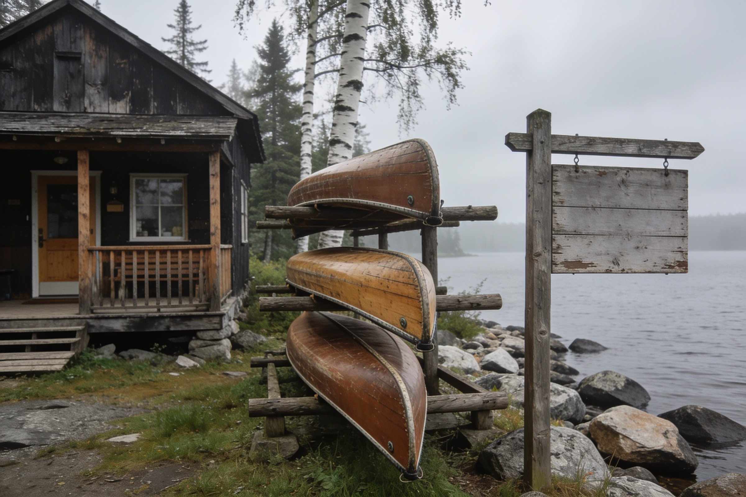 A dark timber cabin with a porch on a rocky lakeshore, three wooden canoes stacked on a log rack and a blank weathered wooden sign, on a grey misty morning