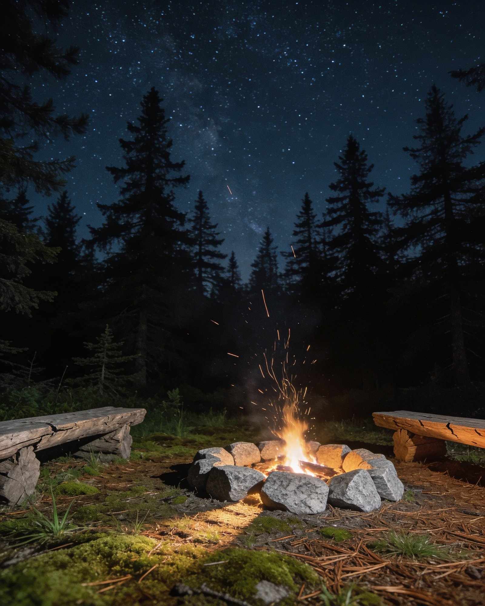 A campfire throwing sparks from a ring of granite stones on a mossy forest floor, with log benches around it and dark pines under a starry sky