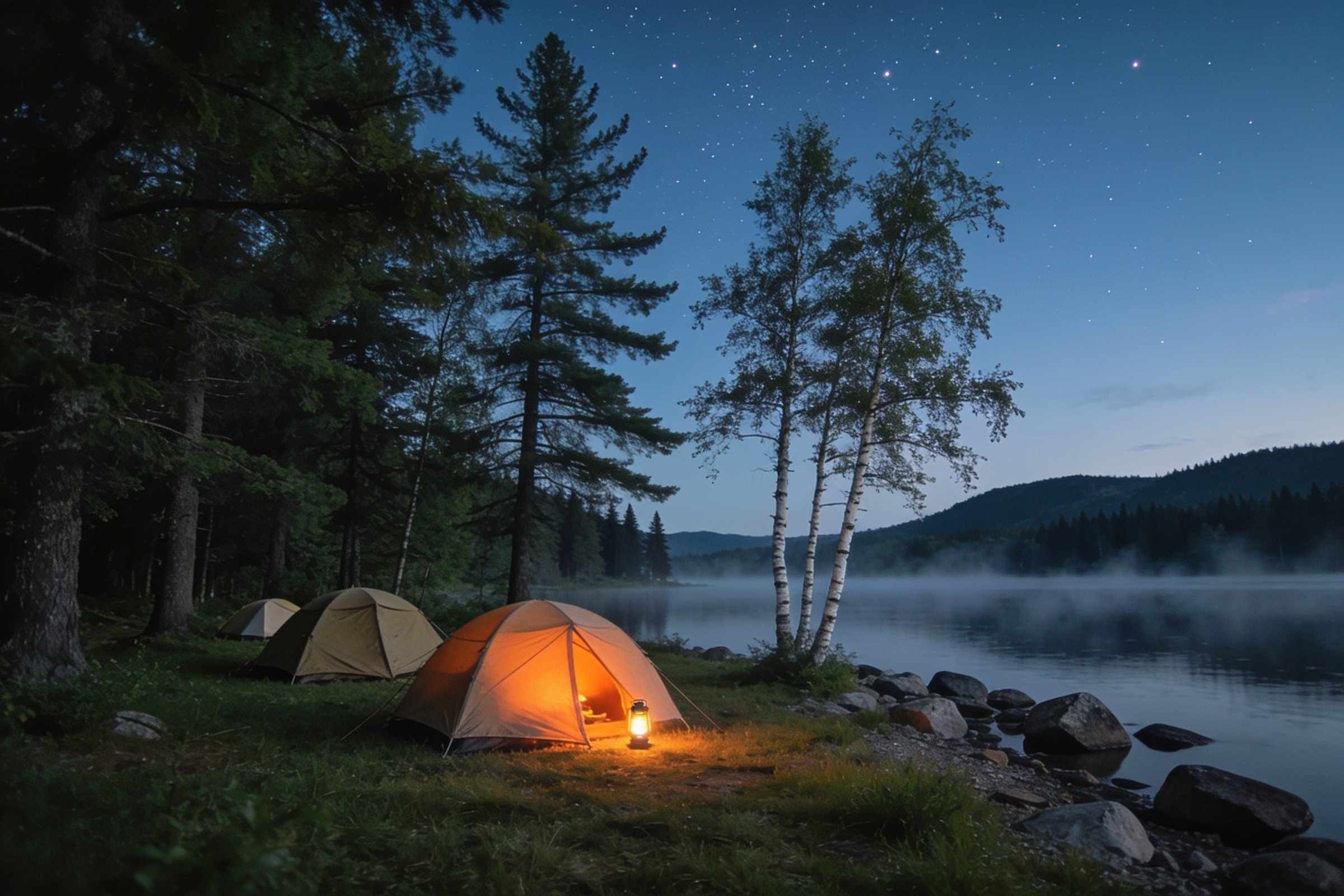 Three small tents on a grassy lakeshore among pines and birches at dusk, the nearest glowing orange from a lantern, mist on the still lake and stars above the forested hills
